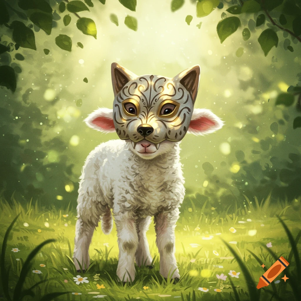 A lamb wearing an ornate gold and white wolf mask stands in a sun-dappled green forest clearing with wildflowers.