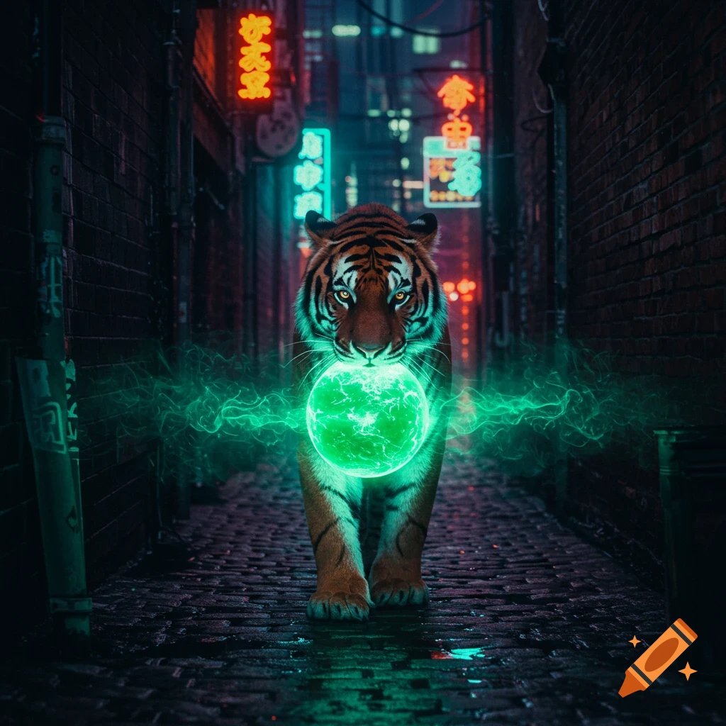 A tiger stands in a dark, neon-lit alley, holding a glowing green orb in its mouth from which green energy emanates.