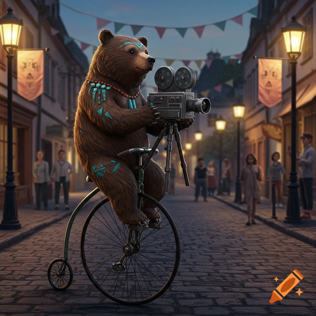 A brown bear with turquoise markings rides a penny-farthing, holding a vintage video camera on a cobblestone street.