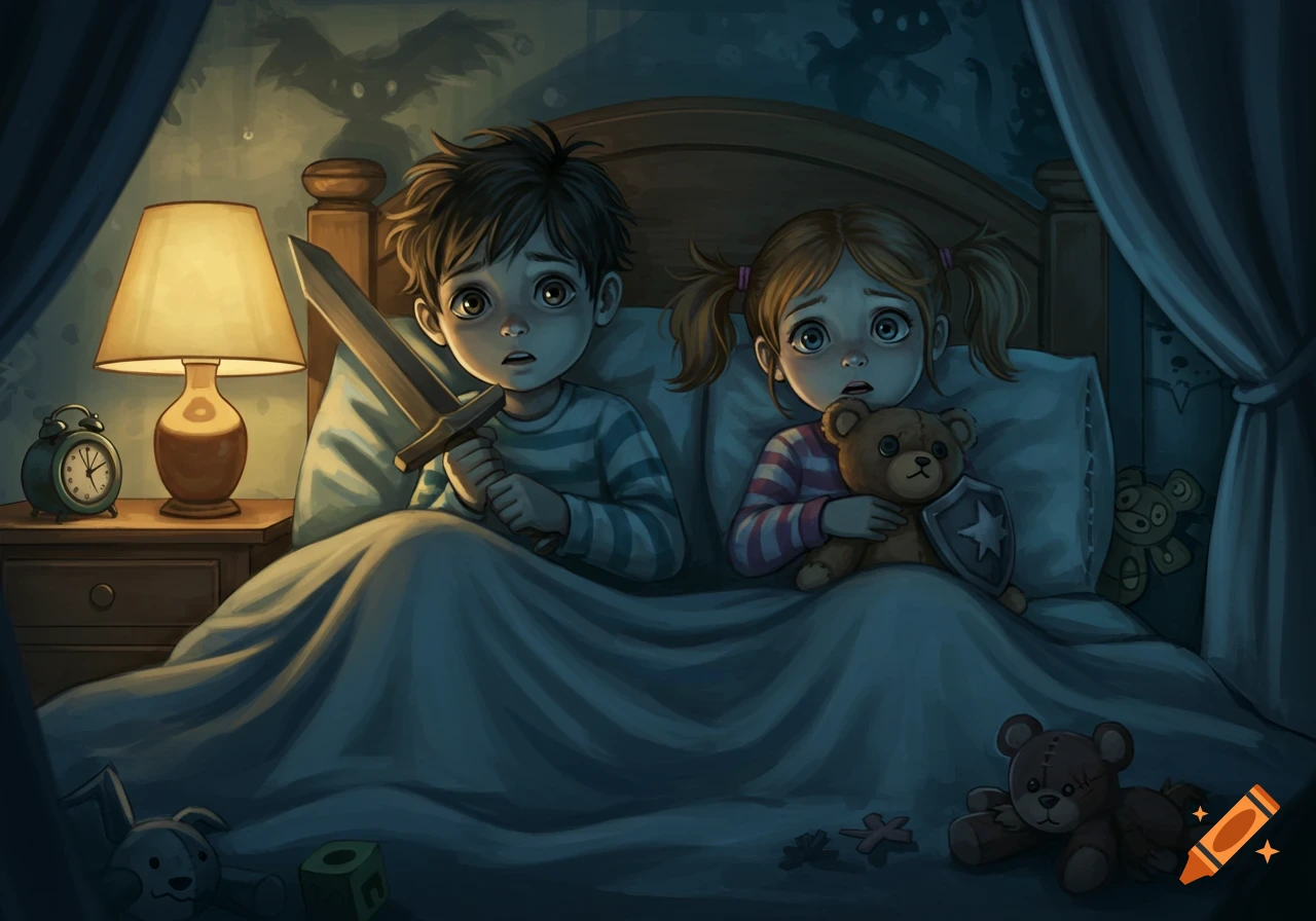 Two frightened children, a boy with a wooden sword and a girl with a teddy bear, lie in bed, looking at monster shadows on the wall.