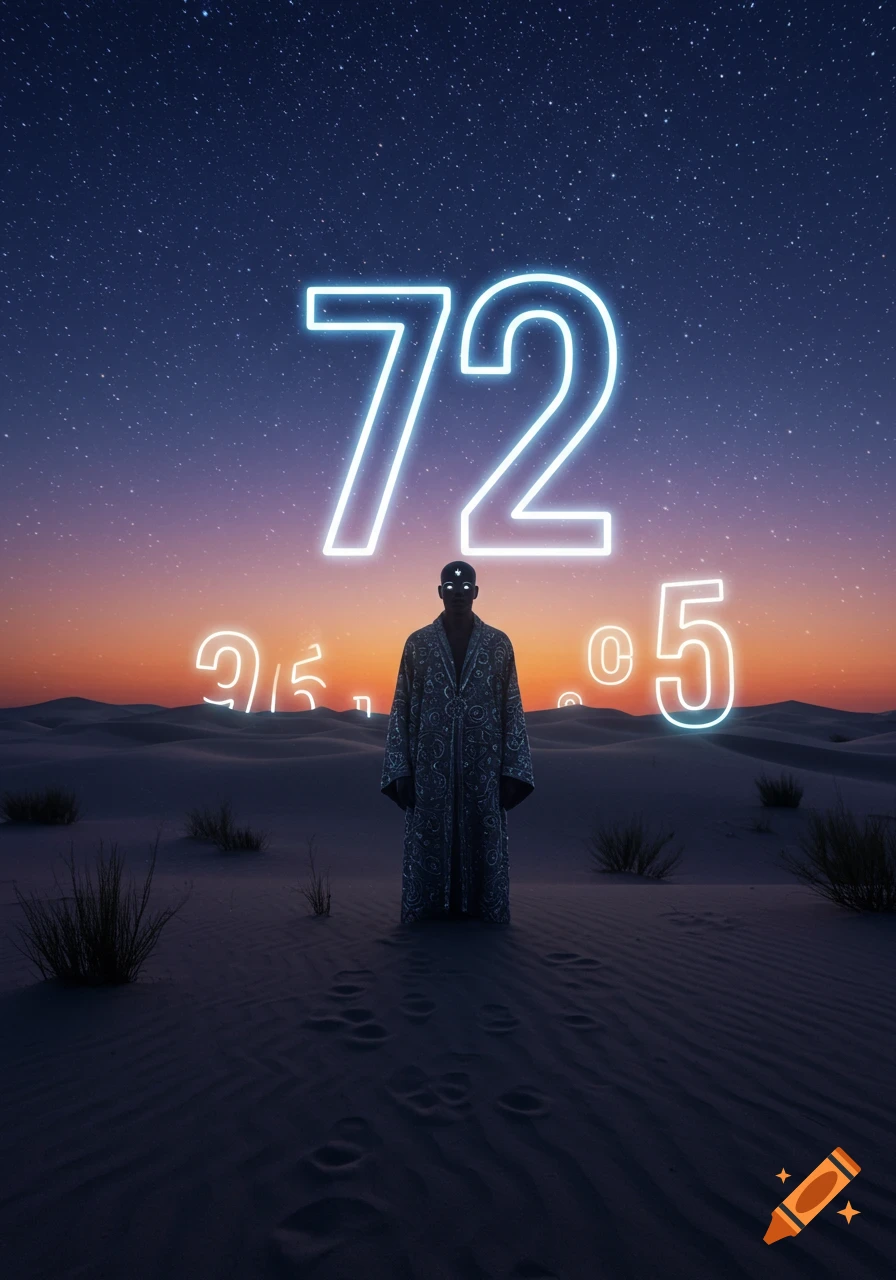 A figure in a patterned robe stands in a dark desert under a starry night sky, with large glowing numbers '72' hovering above and smaller glowing numbers in the background.