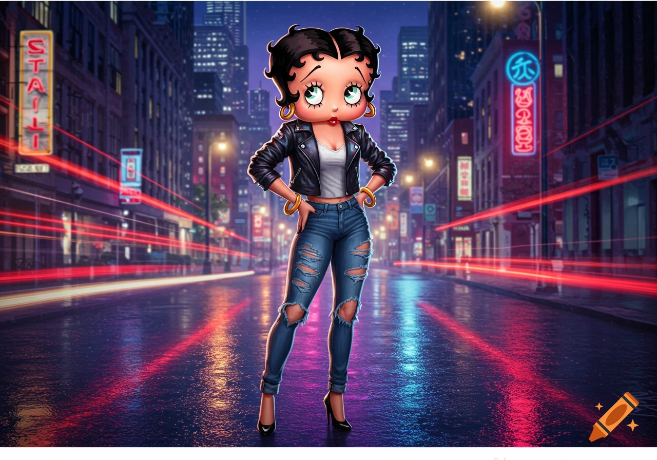 Betty Boop in a black leather jacket, ripped jeans, and heels, standing on a wet city street at night with neon lights.