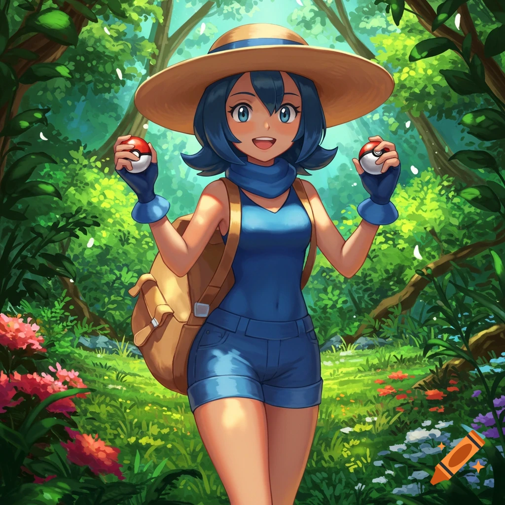 Smiling anime girl in a blue outfit and straw hat holding two Poke Balls in a vibrant green forest with flowers.