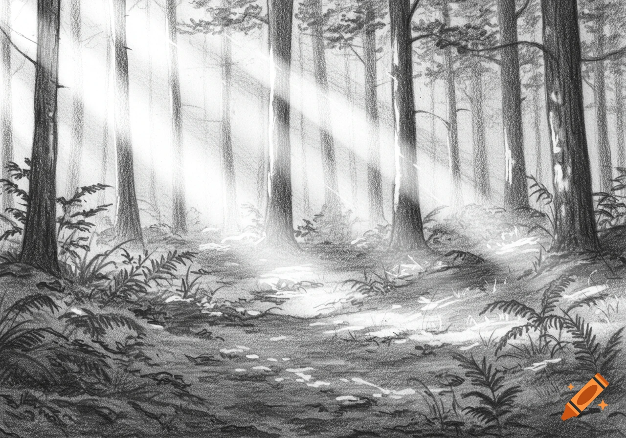 A black and white pencil sketch of a forest scene with prominent light rays cutting through mist among tall trees, highlighting the ground and undergrowth.