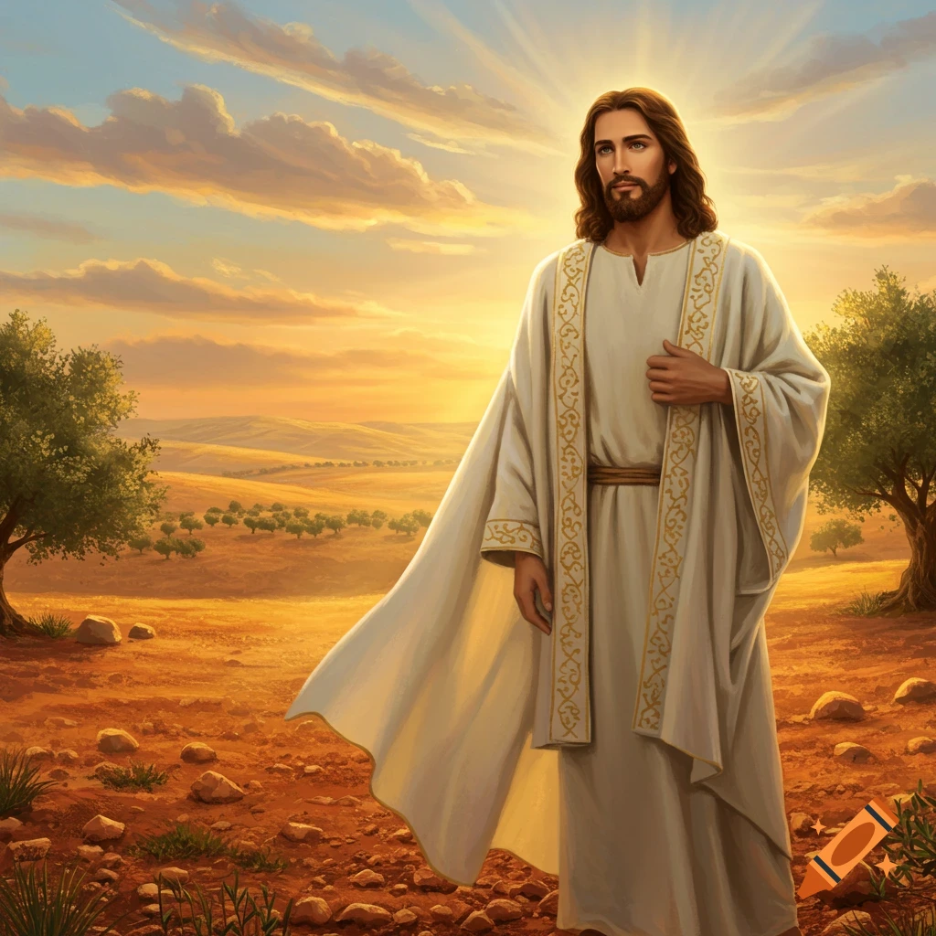 Jesus in a white robe stands in a sunlit desert with olive trees and hills, rays of light behind him.