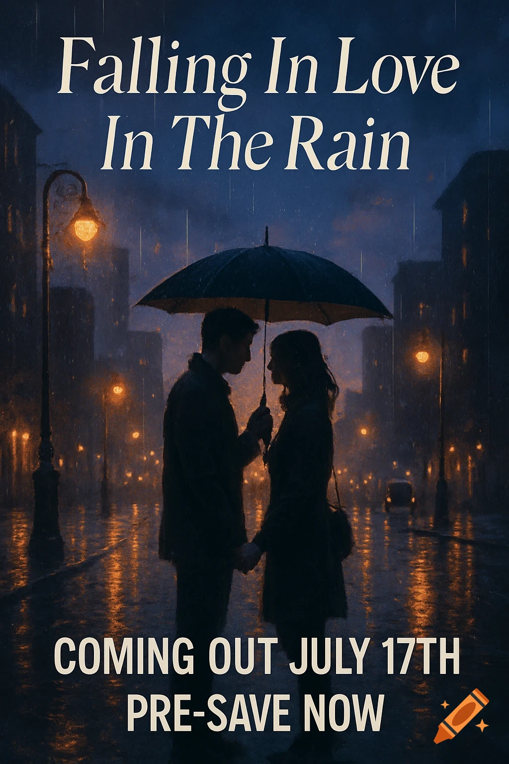 A silhouetted couple under an umbrella on a rainy city street at night. Text: 'Falling In Love In The Rain' and 'Coming Out July 17th Pre-Save Now'.