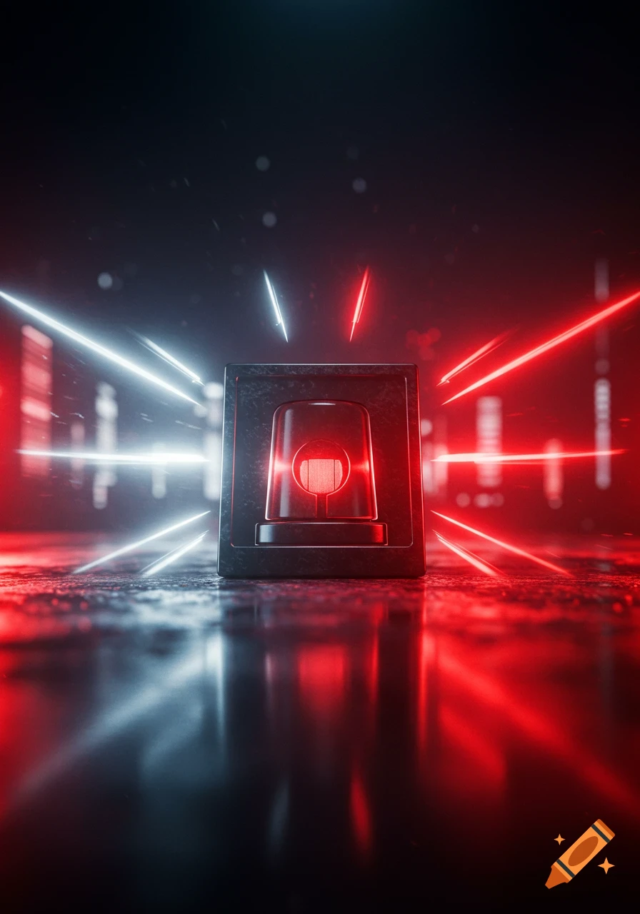 A red emergency siren in a dark, reflective setting with red and blue light streaks.