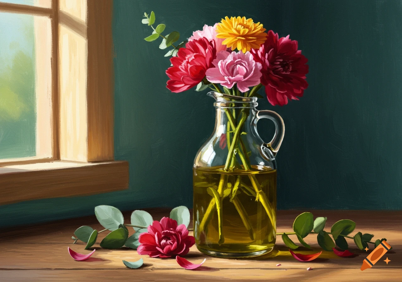 Painterly still life of colorful flowers in an oil pitcher on a wooden table by a window.