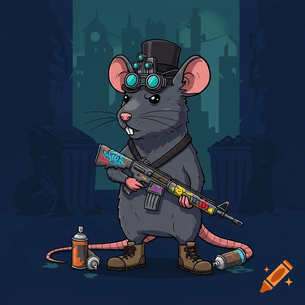 A cartoon rat wearing a top hat, goggles, and boots stands in a dark alley, holding a graffiti-painted rifle.