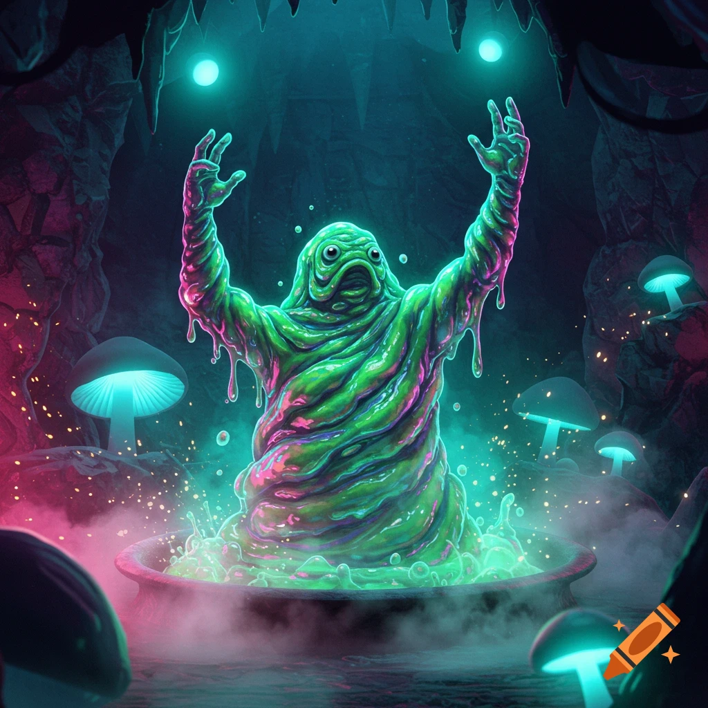A green, gooey slop monster with raised arms emerges from a glowing cauldron in a dark, mushroom-filled cave.