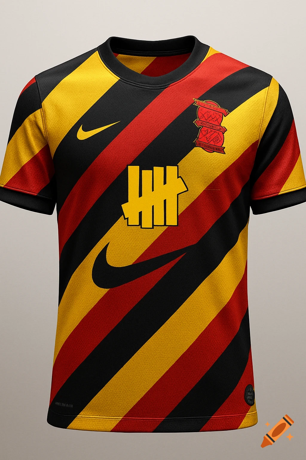 A black, yellow, and red diagonally striped soccer jersey. It features a yellow Nike swoosh, a yellow Undefeated tally logo, and a red crest badge.