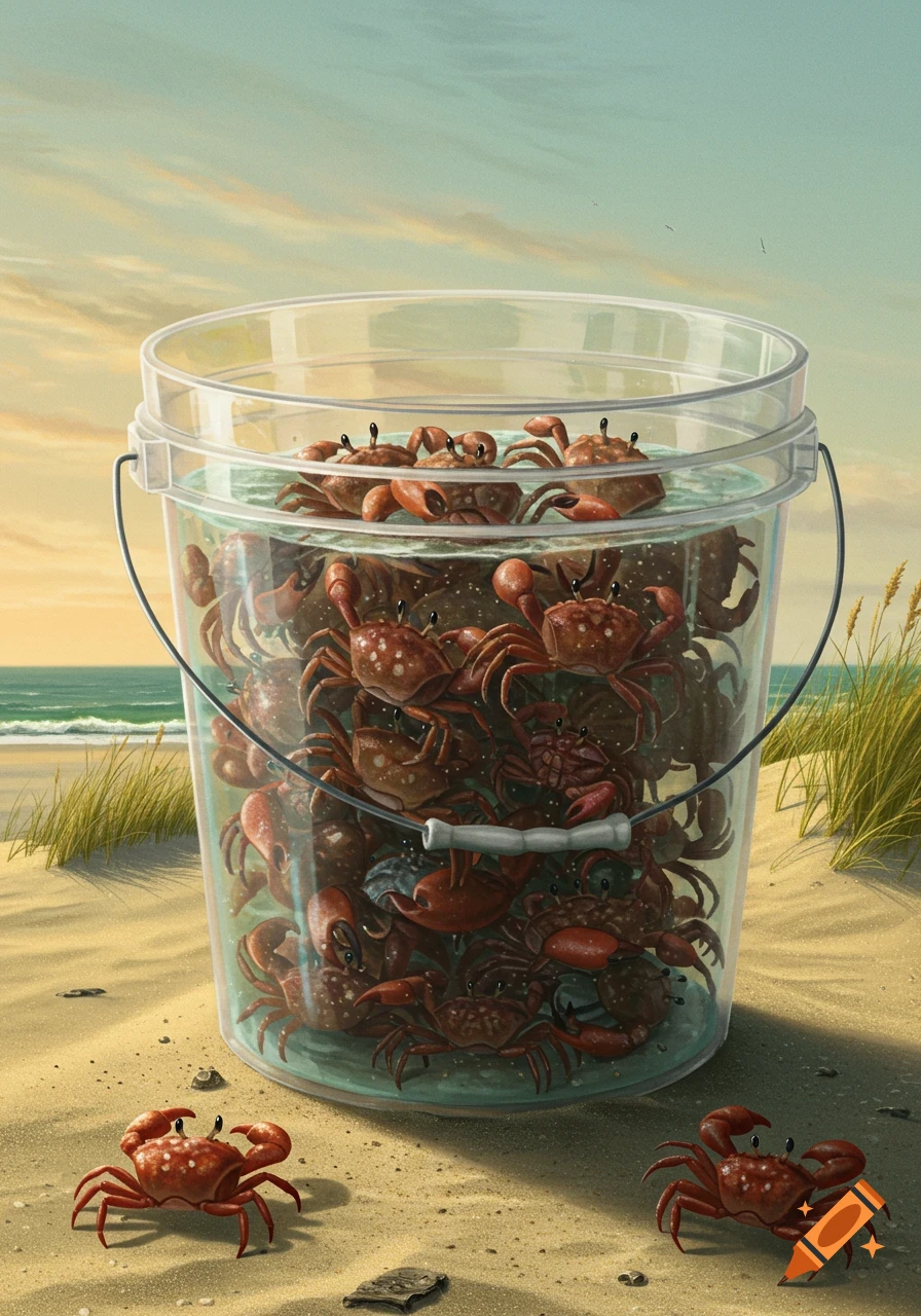A clear bucket of red crabs sits on a sandy beach by the ocean, with two crabs nearby. Realistic illustration.