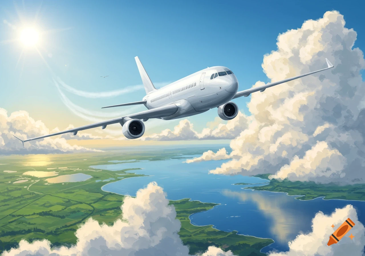 A white passenger jet flies through a bright blue sky with fluffy white clouds, above a green landscape with rivers and lakes.