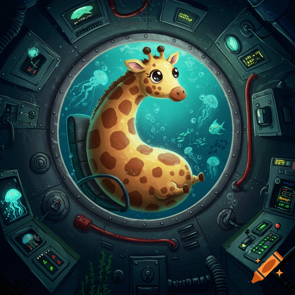 Cartoon giraffe shaped like a sausage looking out a submarine porthole into the deep sea with jellyfish.
