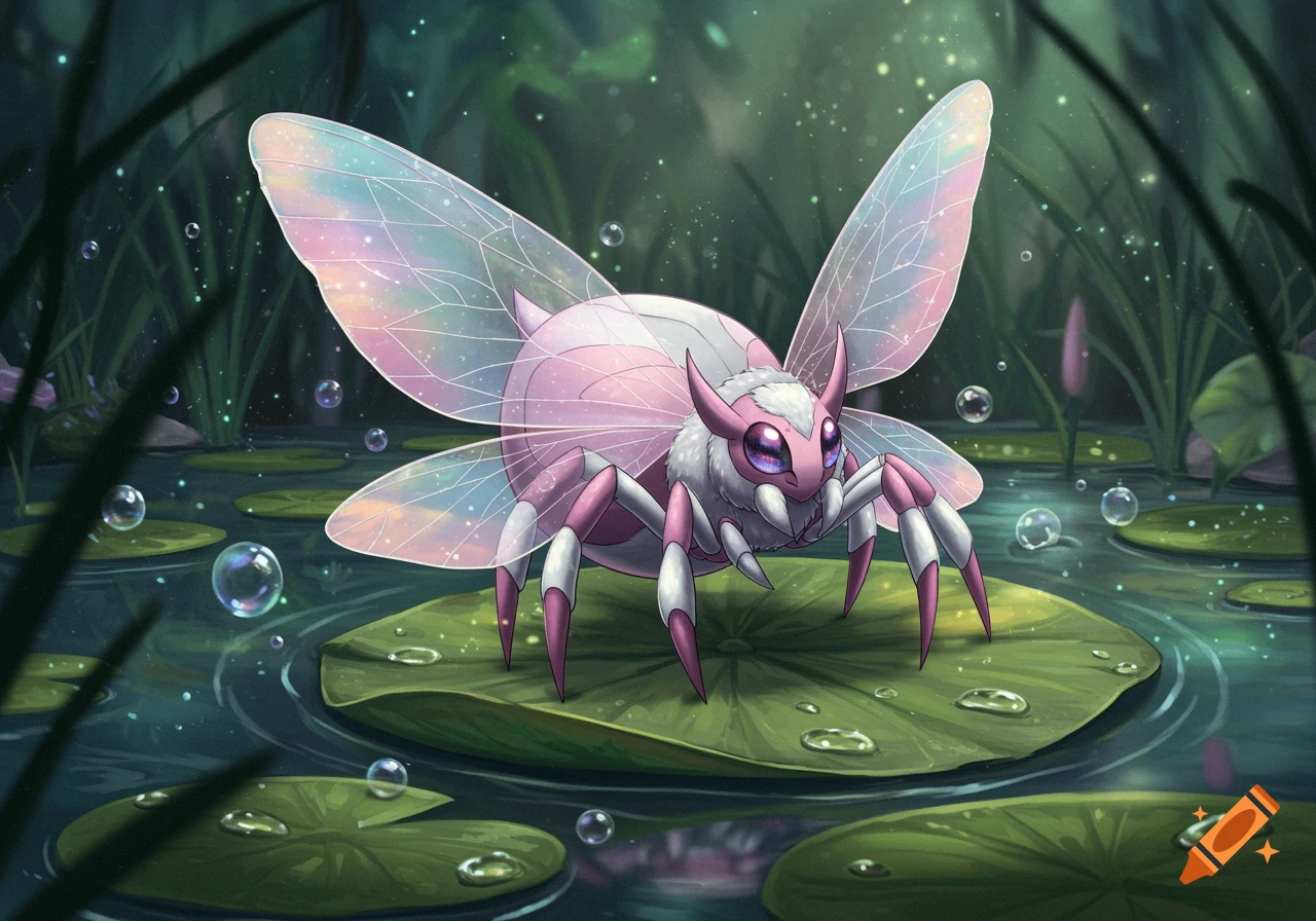 A pink and white spider-like creature with large iridescent wings sits on a lily pad in a dark pond with bubbles.