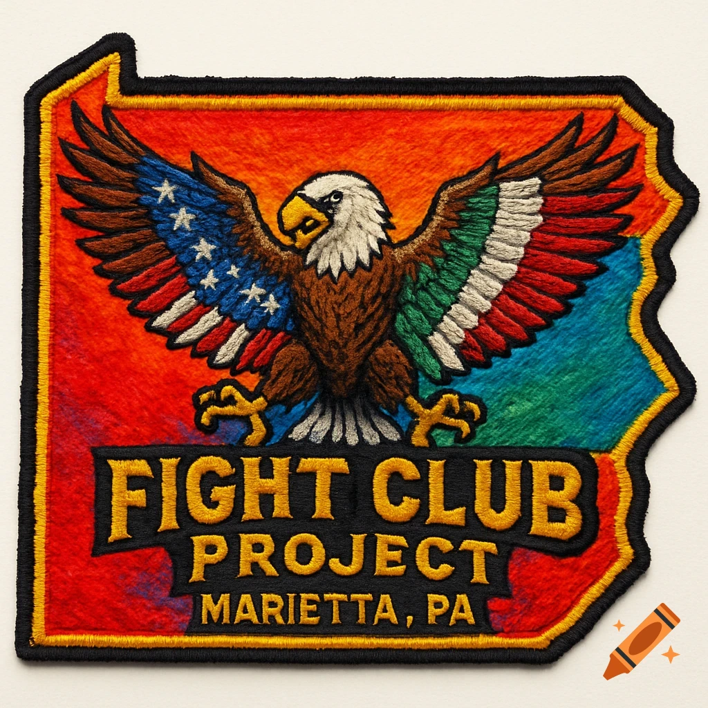 Embroidered patch shaped like Pennsylvania with an eagle, one wing featuring American flag, other Italian flag, and text 'FIGHT CLUB PROJECT Marietta, PA'.