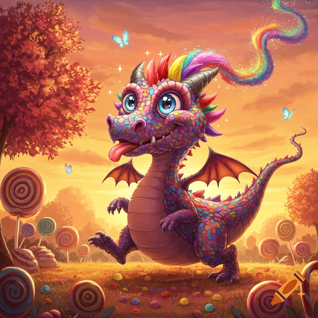 A whimsical, colorful cartoon dragon with a rainbow mane and tail running through a field of giant lollipops at sunset.