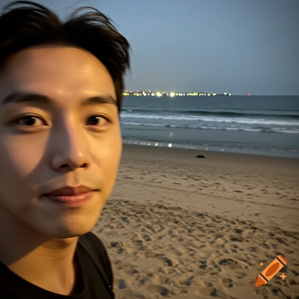 Close-up selfie of a man at dusk with a beach and ocean in the background, city lights visible across the water.