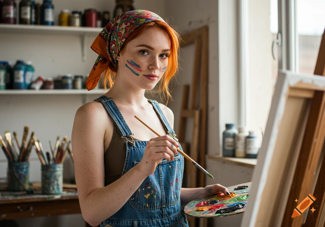 A photorealistic portrait of a young female artist with red hair and freckles, wearing paint-splattered overalls and a kerchief, holding a paintbrush and palette in her art studio.