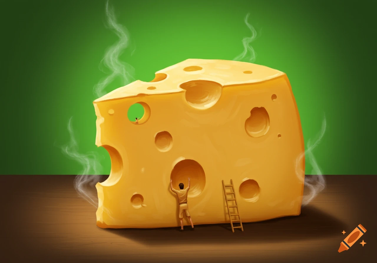 A digital illustration of a giant wedge of Swiss cheese with tiny people interacting with its holes, on a wooden surface against a green background.
