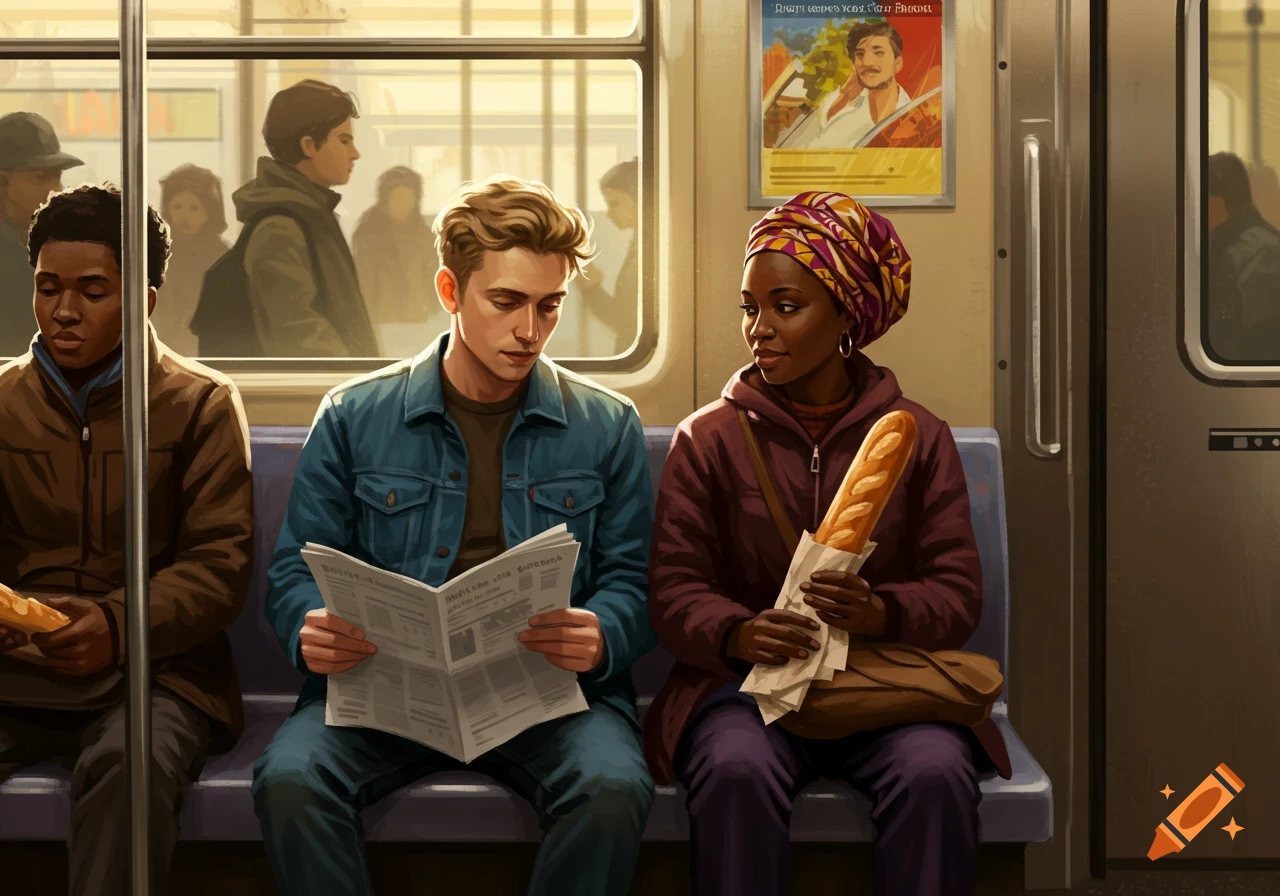 A man reading a newspaper and a woman holding a baguette sit on a subway train with other passengers in a painterly style.