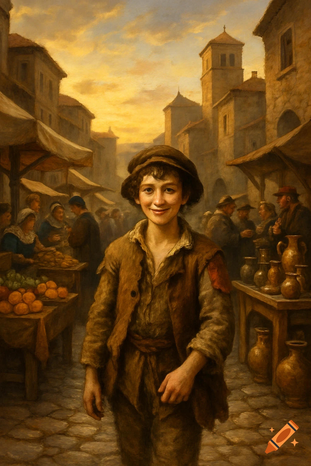 Painting of a young boy in a brown cap smiling in a bustling historical market street at sunset, with stalls and people.