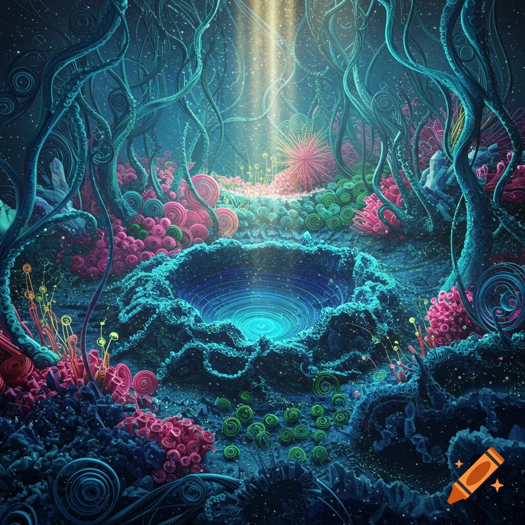 Vibrant fantasy alien landscape with intricate spiral plants and a glowing blue vortex under light beams.