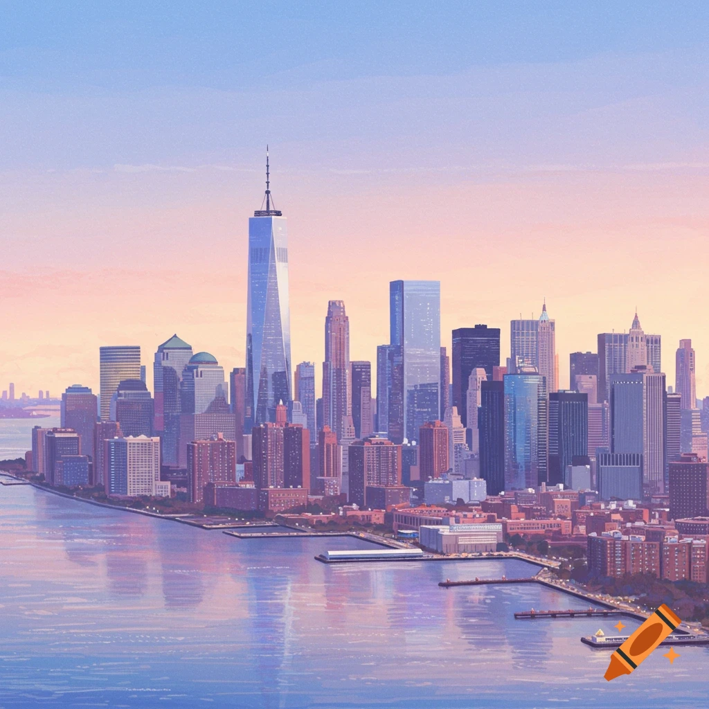 Stylized view of the New York City skyline at sunset or sunrise, featuring pastel colors reflected in the water.
