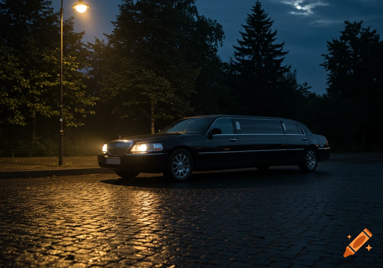 A black limousine parked on a wet cobblestone street at night, illuminated by a glowing street lamp and its headlights.