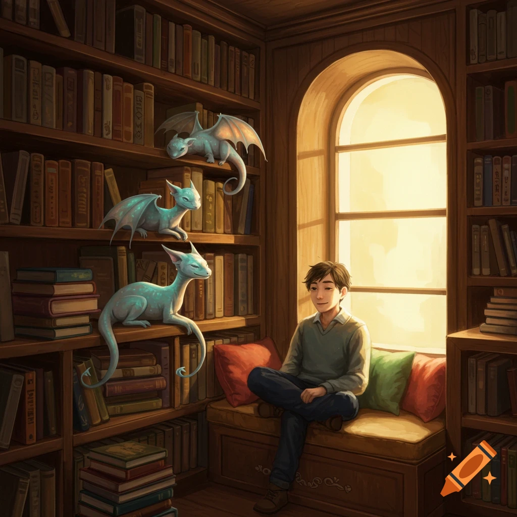 A boy sits on a window seat in a cozy library, looking towards three small, slender, light blue pet dragons perched on bookshelves.