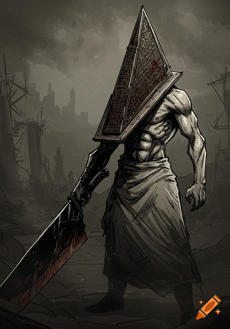 A stylized drawing of Pyramid Head from Silent Hill, standing in a desolate, grey landscape, holding a large, blood-stained blade.
