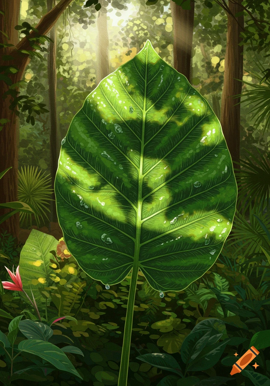 A vibrant green leaf with water droplets, illuminated by sunrays in a dense jungle, depicted in a stylized art style.