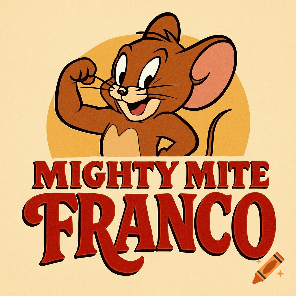 A 50s style logo with Jerry the mouse flexing above the red text "Mighty Mite Franco".