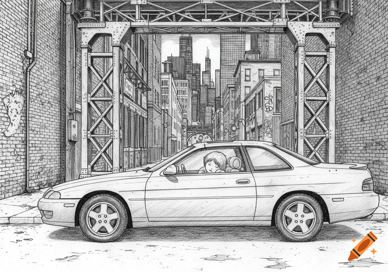 Black and white line art drawing of a kid sleeping in a 1992 SC400 car, parked under an elevated train line in a grungy urban alley with a city skyline in the background.
