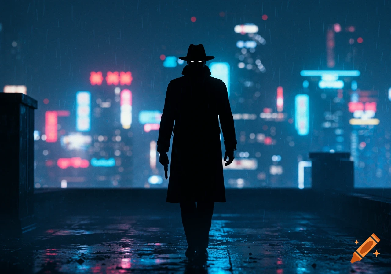 A silhouetted spy in a trench coat and fedora stands on a rainy rooftop, glowing eyes fixed on a neon city skyline.