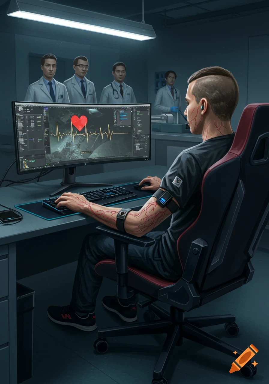 A man with bulging veins and a buzz cut sits in a gaming chair, playing on a large curved monitor displaying a heart rate graph, while doctors in lab coats observe him in a dim medical lab.