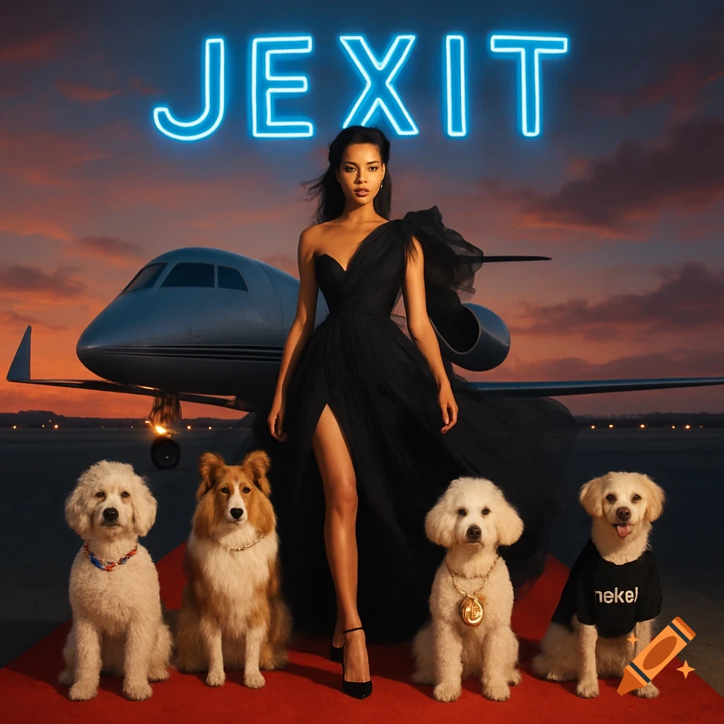 A glamorous woman in a black gown walks on a red carpet with four dogs on a private jet runway at dusk. Neon sign 'JEXIT' above.