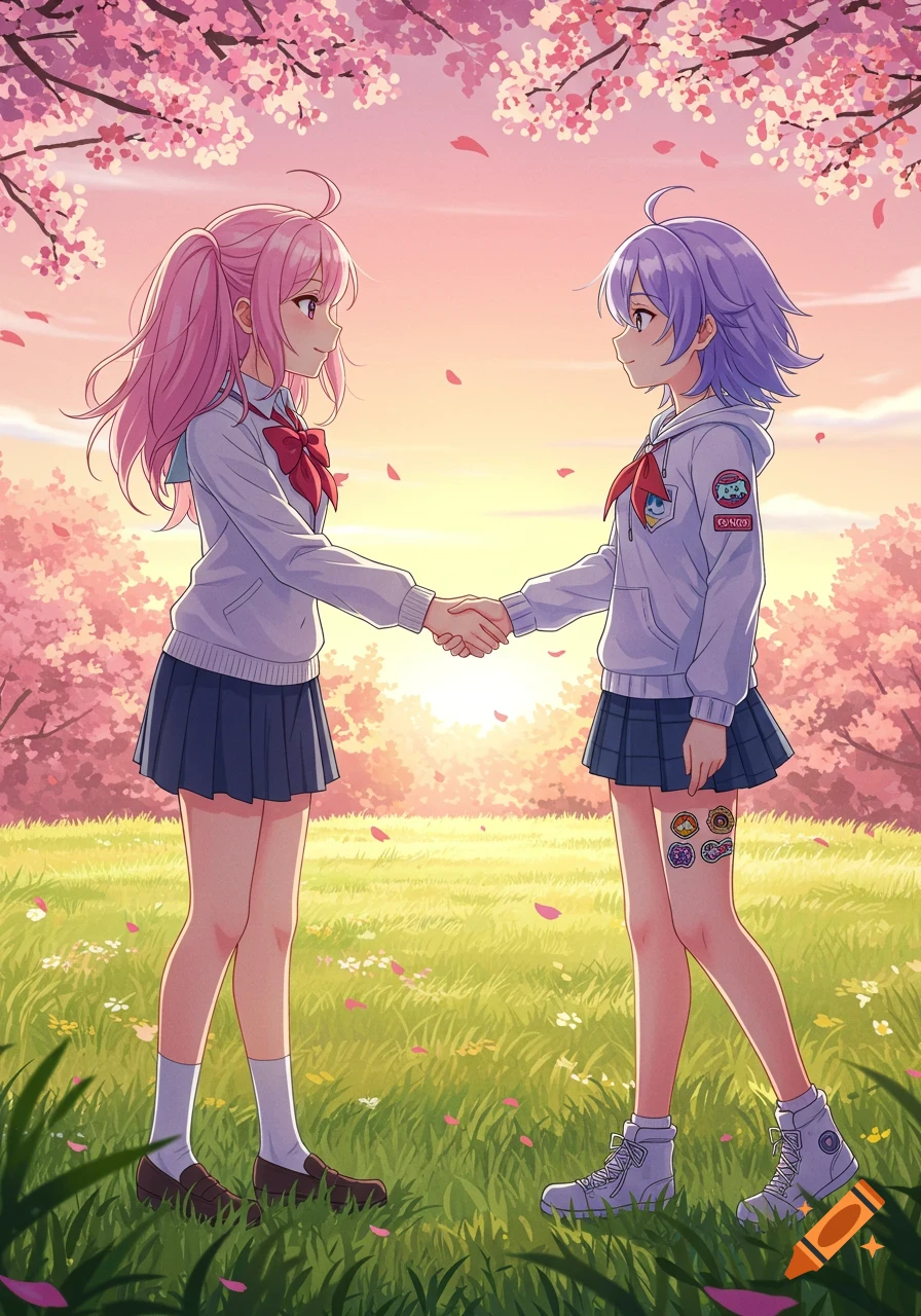 Two anime girls with pink and purple hair shaking hands in a spring field with cherry blossoms.