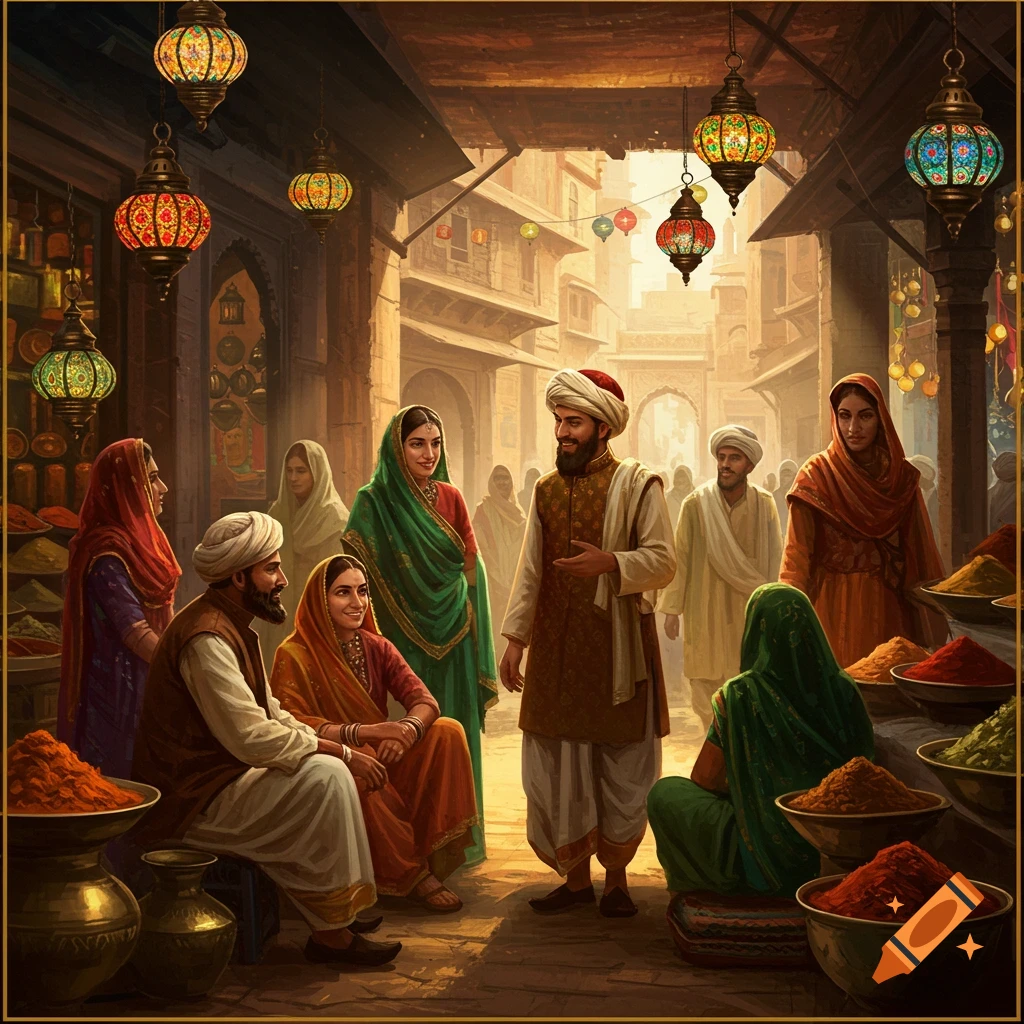 A vibrant marketplace scene with people in traditional clothing, colorful spices, and ornate lanterns hanging above.