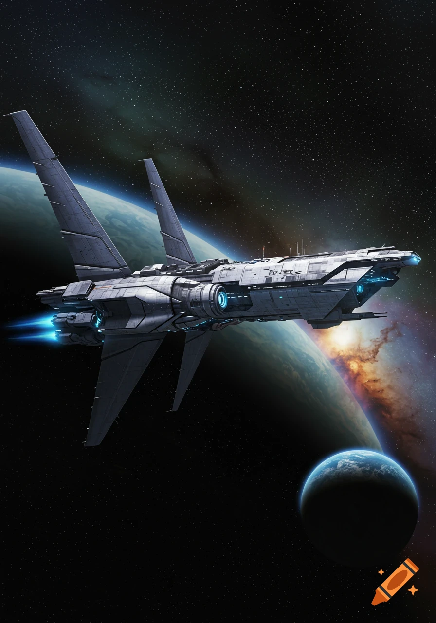 A realistic grey spaceship with glowing blue thrusters flies through dark space past a large planet and a smaller moon, with a colorful nebula in the background.