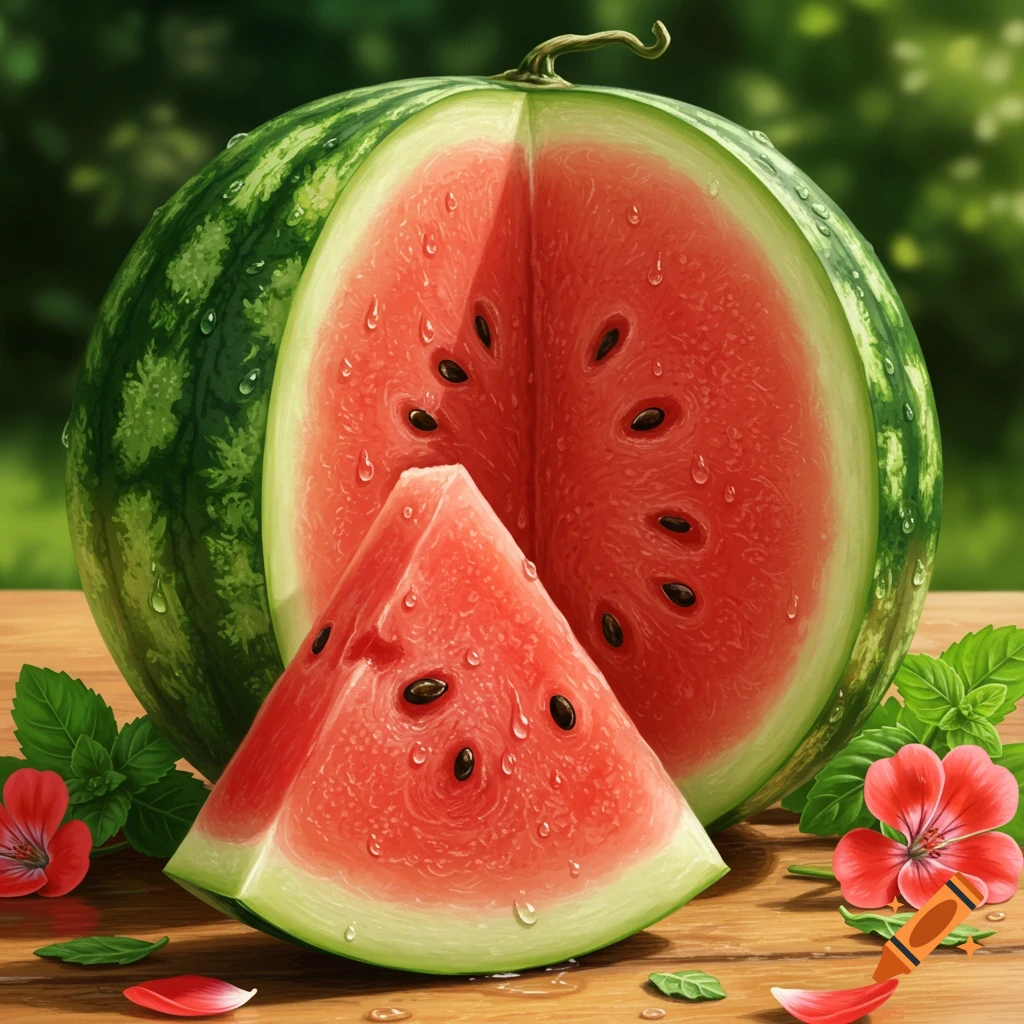 A fresh watermelon cut in half with a slice in front, on a wooden surface with water droplets, leaves, and red flowers.