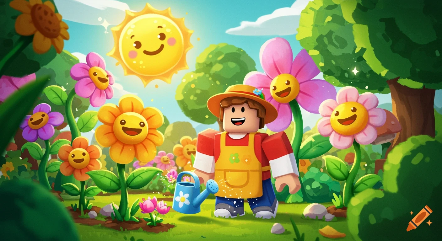 A Roblox-style character waters smiling flowers under a smiling sun in a bright, cartoony garden.