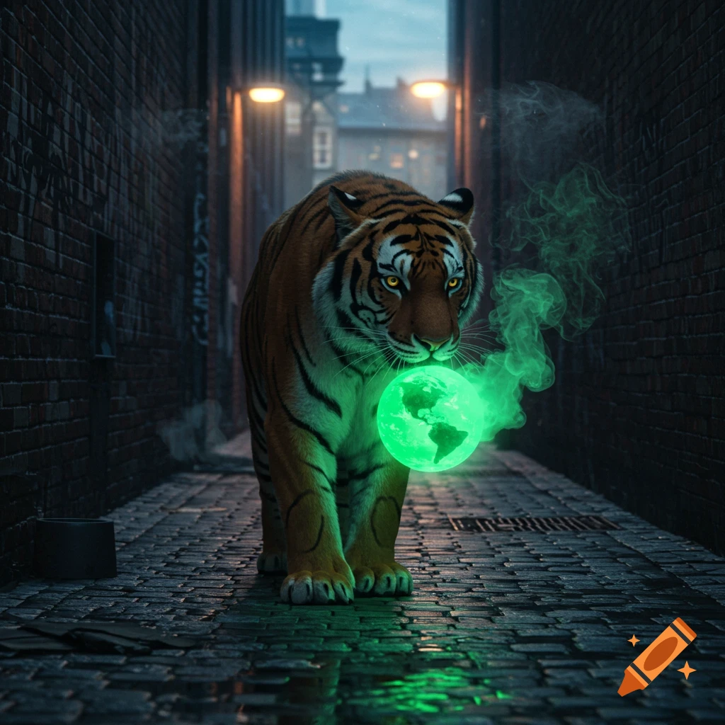 A tiger walks down a dark, wet alley at night, carrying a glowing green globe that emits smoke in its mouth.