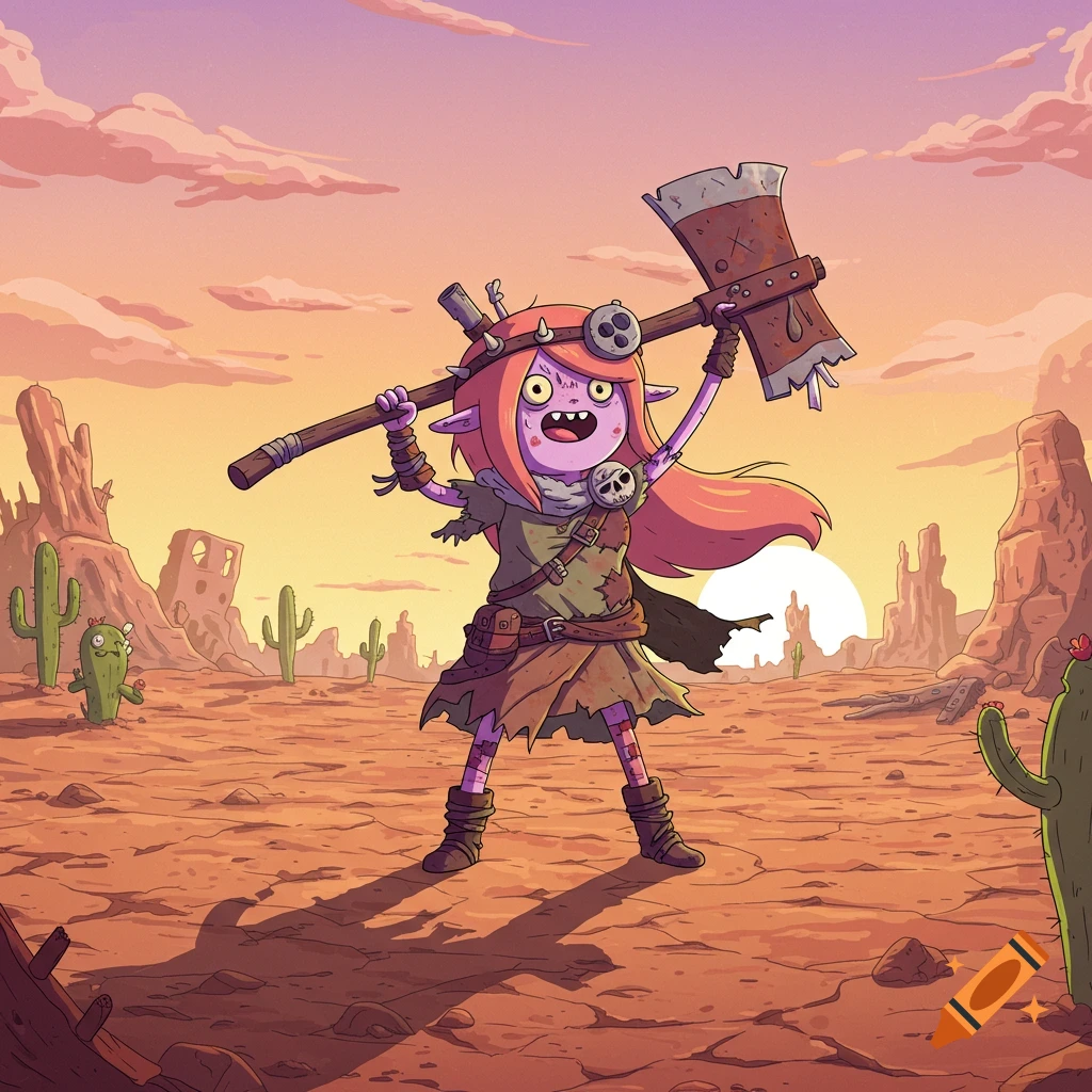 A cartoon raider girl with pink hair and purple skin, wielding a large scrap axe in a post-apocalyptic desert landscape, in the style of Adventure Time.