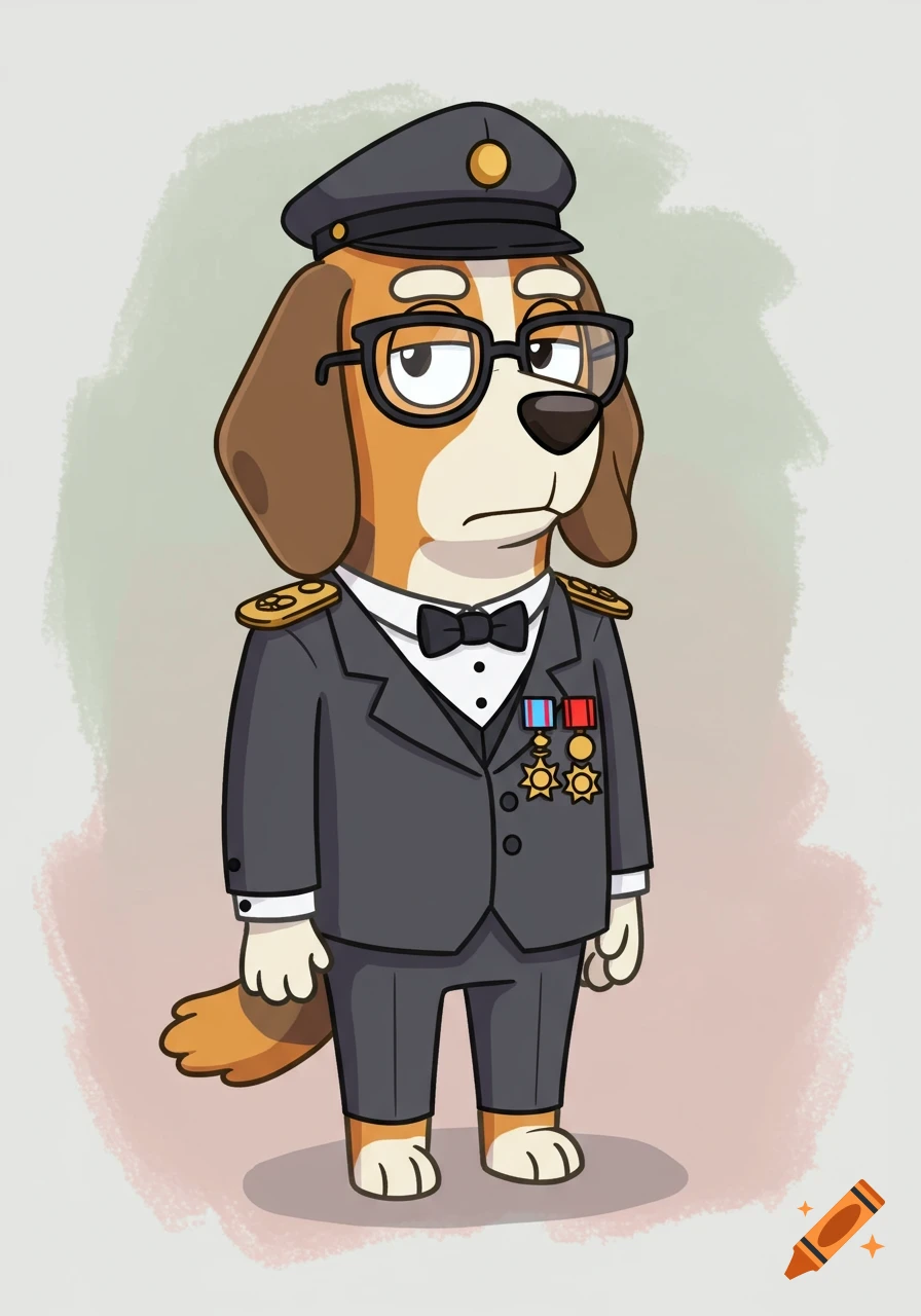 A cartoon beagle dog in a dark grey tuxedo, military medals, and a hat, in a leader portrait style.