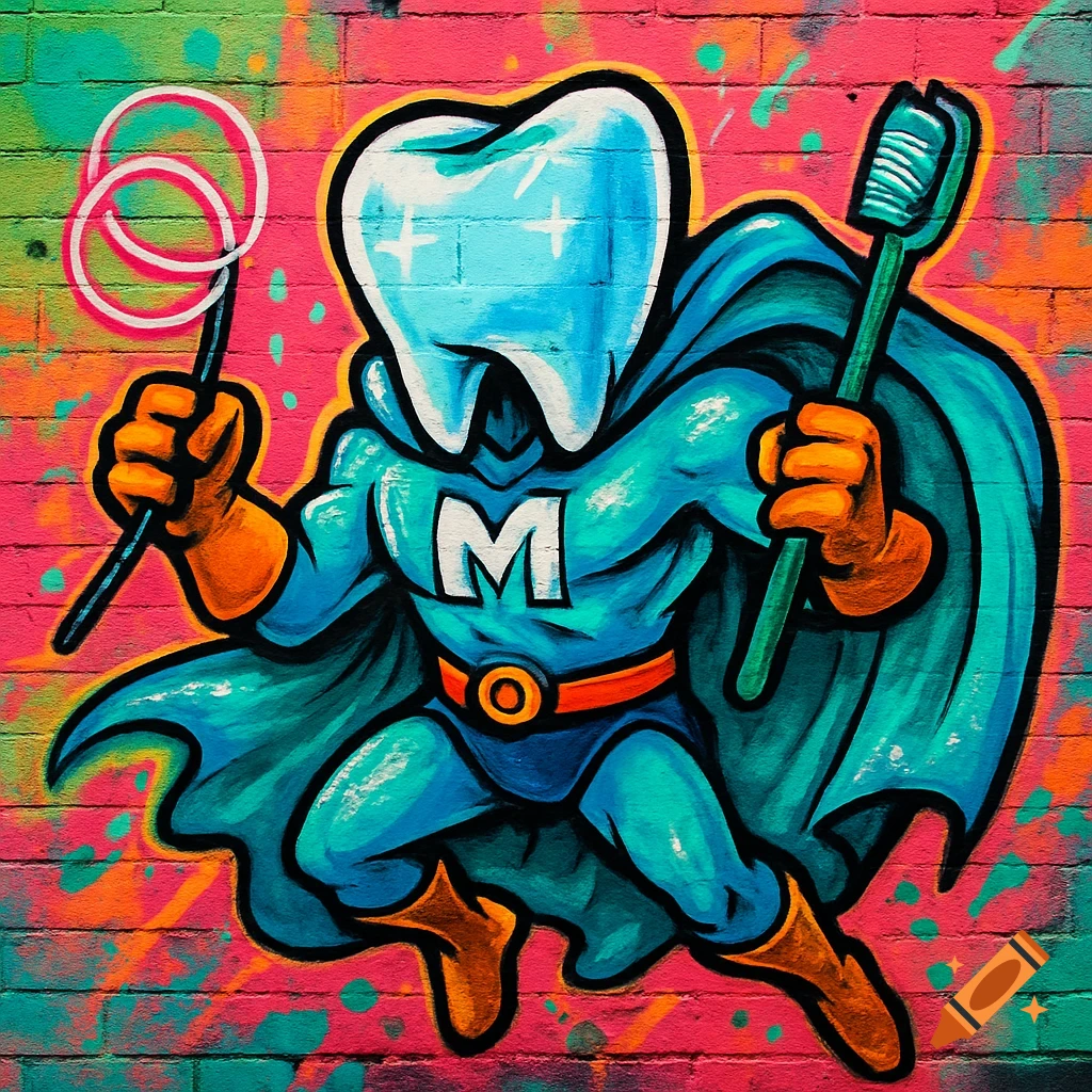 Cartoon superhero tooth with an 'M' on his chest, holding a toothbrush and tool, painted as colorful graffiti on a brick wall.
