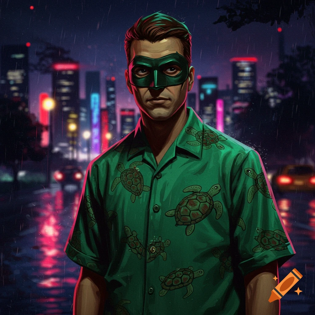 A man in a dark green eye mask and a green shirt with turtle patterns stands in the rain against a neon city night background.