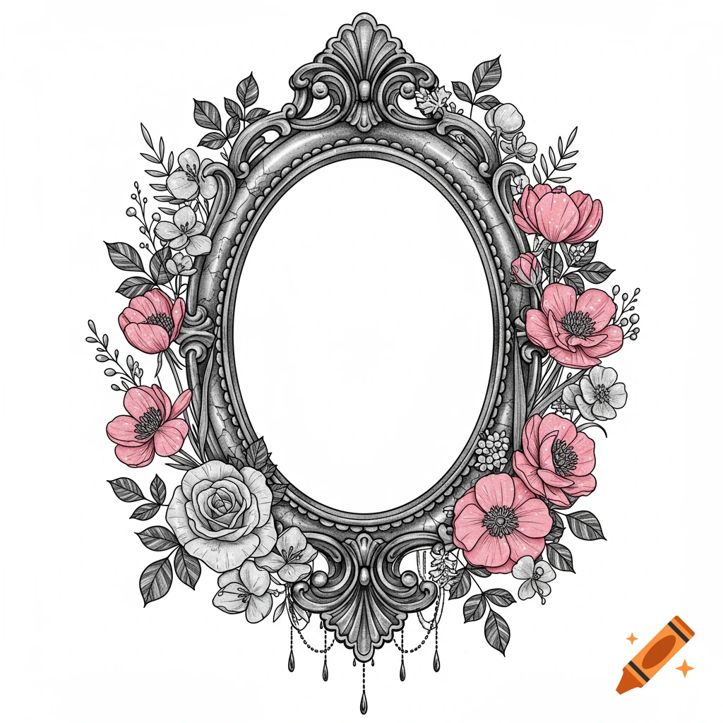 Ornate oval frame with intricate carvings, surrounded by blooming pink and grayscale flowers and vines on a white background.