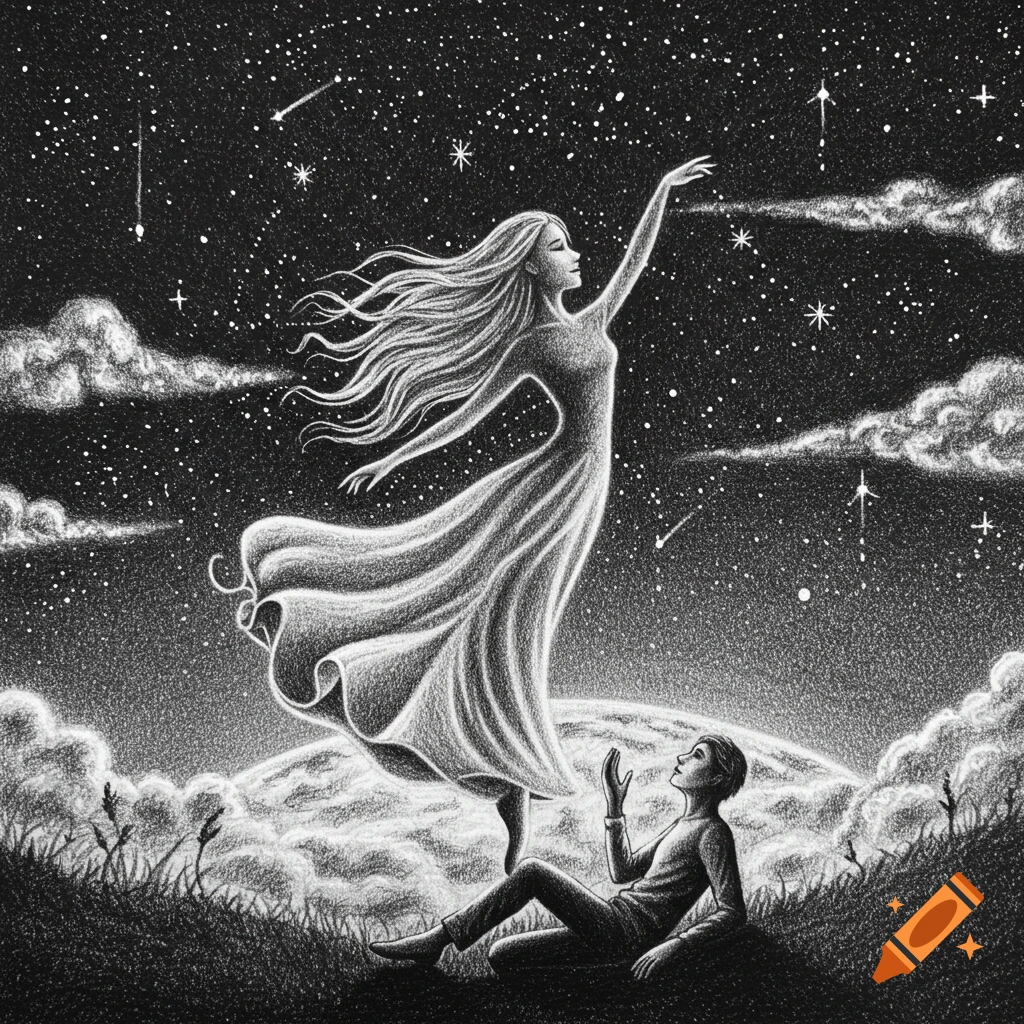 A pencil drawing of a woman floating and dancing in a starry night sky above a man looking up from a grassy hill.