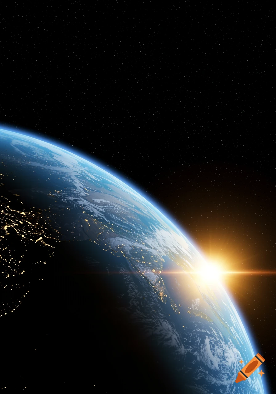 Photorealistic view of Earth from space with city lights and a bright sun rising over the horizon.